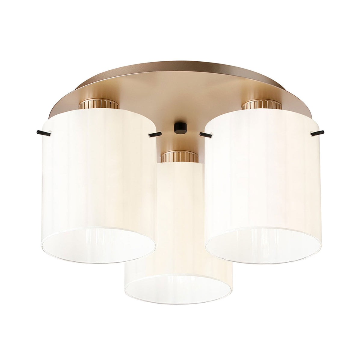 Belstone Wide Ribbed Triple Flush Round Ceiling Light in Light Gold with Gloss White Glass