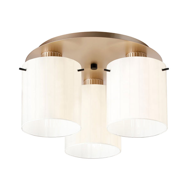 Belstone Wide Ribbed Triple Flush Round Ceiling Light in Light Gold with Gloss White Glass