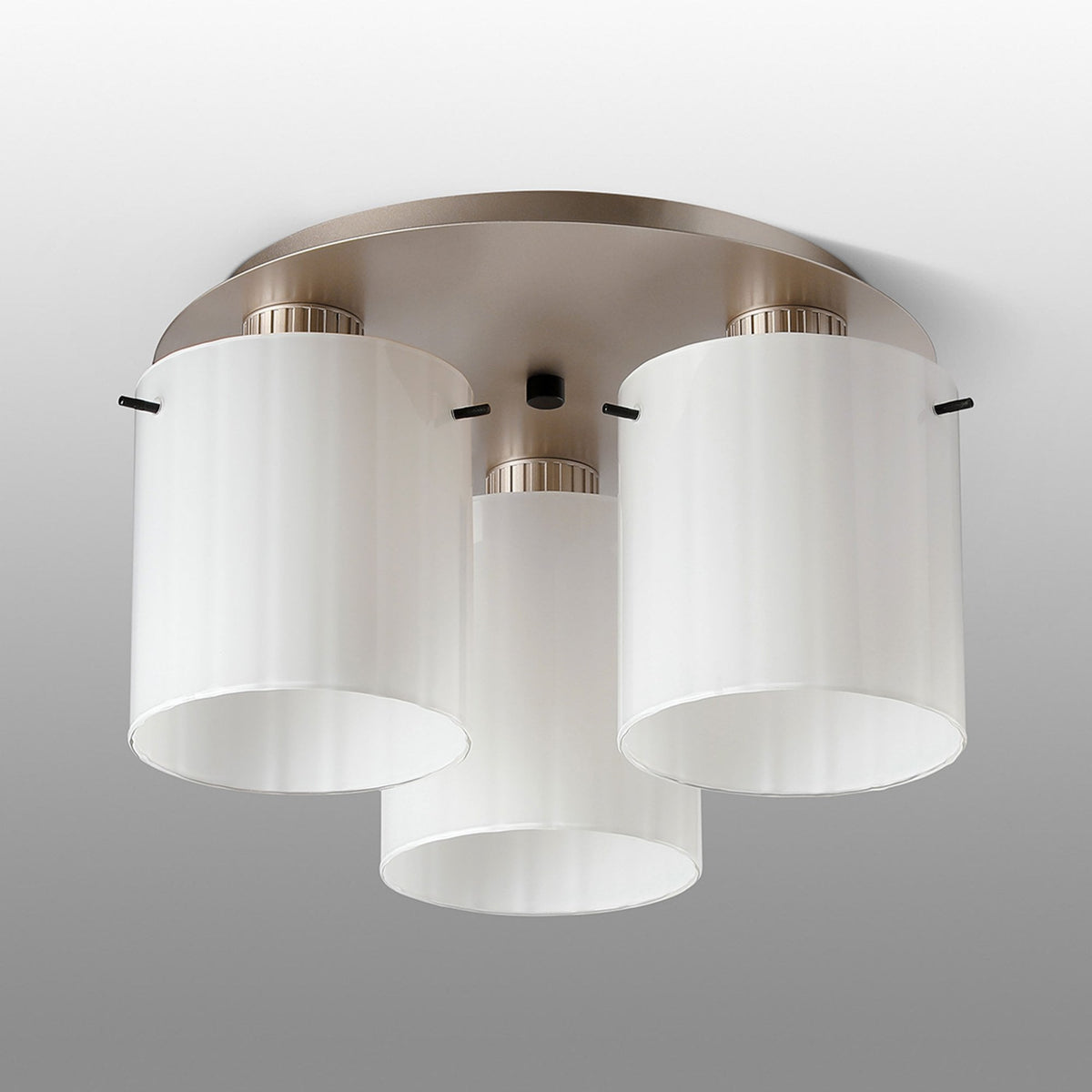 Belstone Wide Ribbed Triple Flush Round Ceiling Light in Light Gold with Gloss White Glass