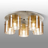Belstone Fine Ribbed 5 Light Flush Round Ceiling Light in Beige Stone with Amber Glass