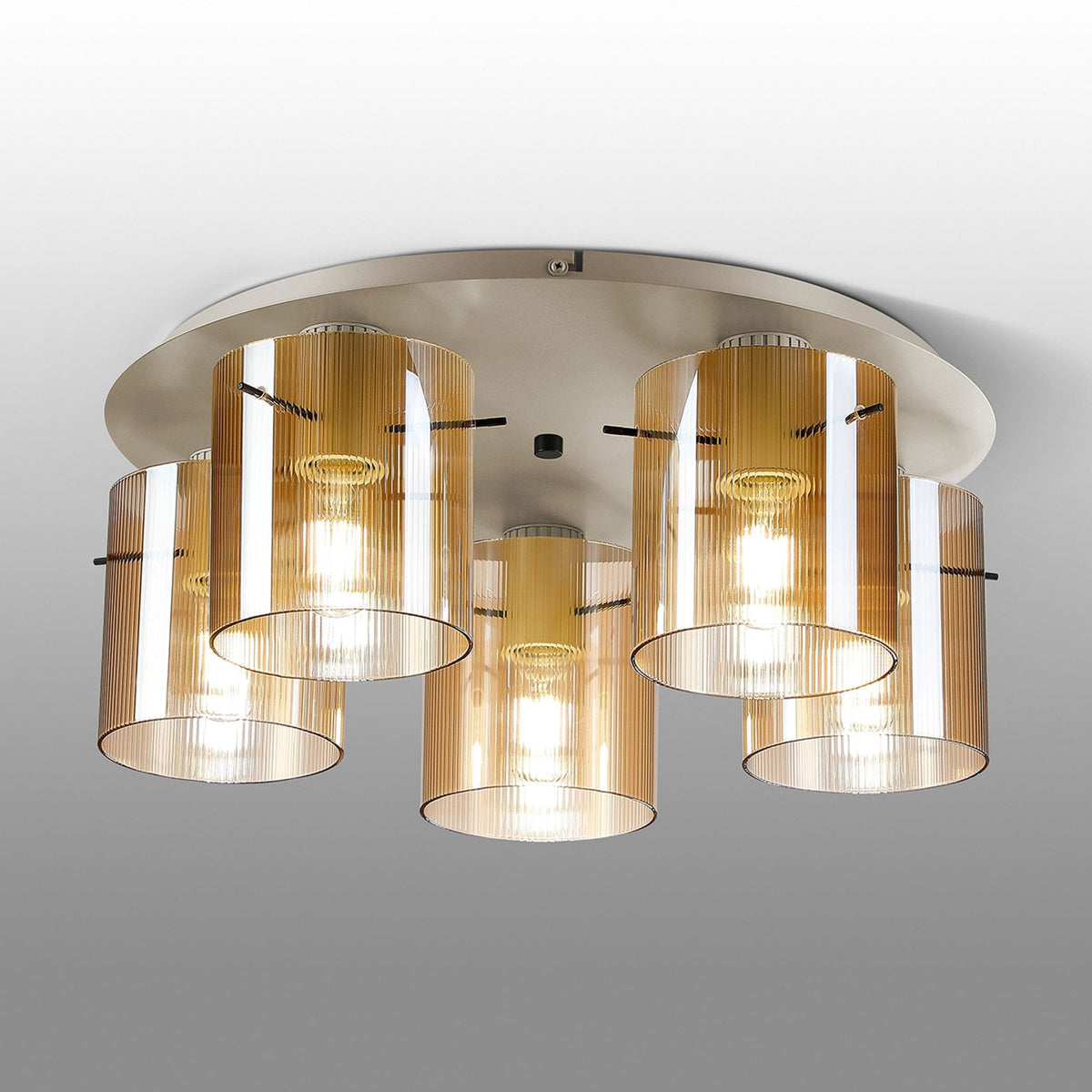 Belstone Fine Ribbed 5 Light Flush Round Ceiling Light in Beige Stone with Amber Glass