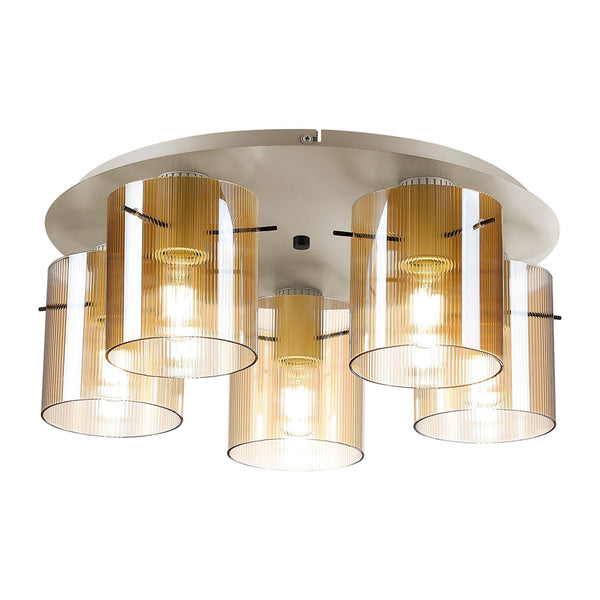 Belstone Fine Ribbed 5 Light Flush Round Ceiling Light in Beige Stone with Amber Glass