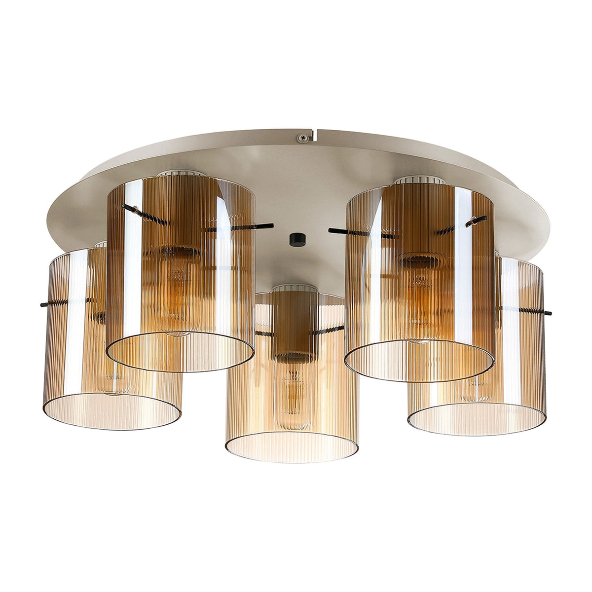 Belstone Fine Ribbed 5 Light Flush Round Ceiling Light in Beige Stone with Amber Glass