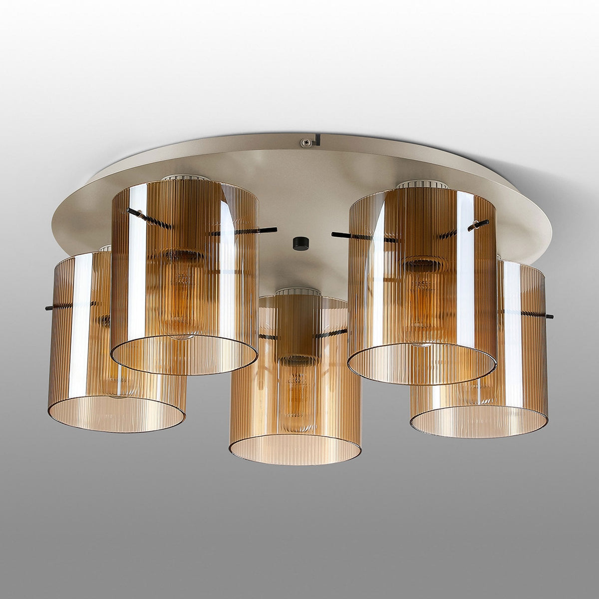 Belstone Fine Ribbed 5 Light Flush Round Ceiling Light in Beige Stone with Amber Glass