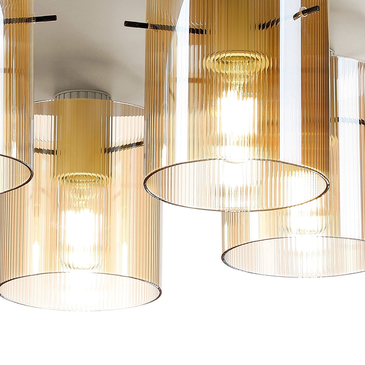 Belstone Fine Ribbed 5 Light Flush Round Ceiling Light in Beige Stone with Amber Glass