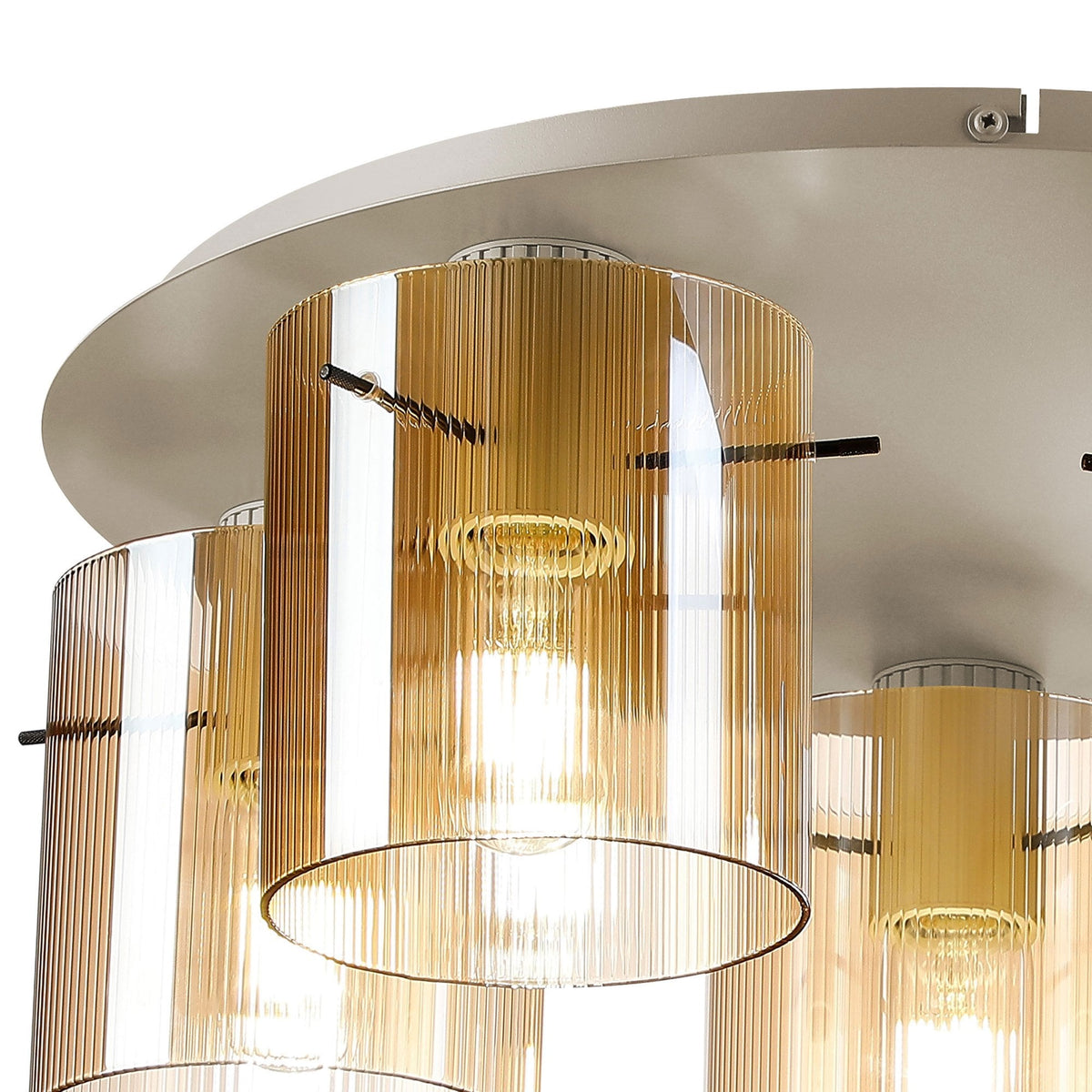 Belstone Fine Ribbed 5 Light Flush Round Ceiling Light in Beige Stone with Amber Glass