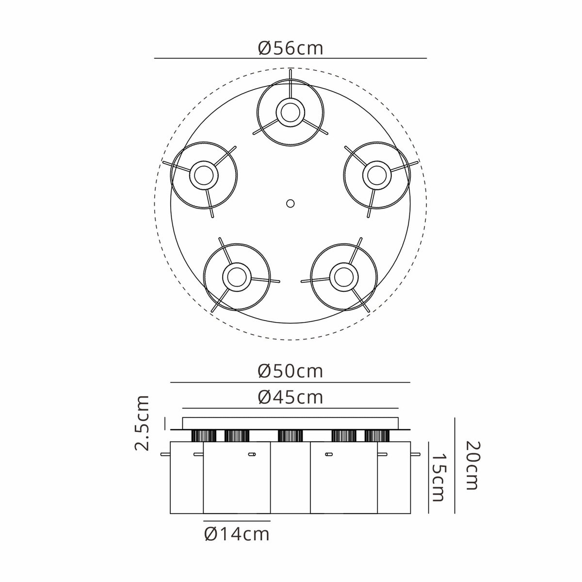 Belstone Wide Ribbed 5 Light Flush Round Ceiling Light in Light Gold with Frosted & Clear Glass