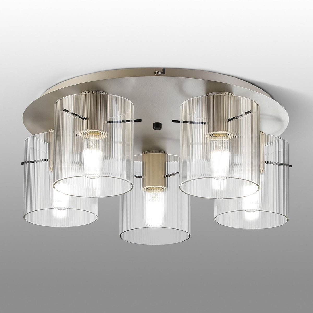 Belstone Fine Ribbed 5 Light Flush Round Ceiling Light in Beige Stone with Clear Glass