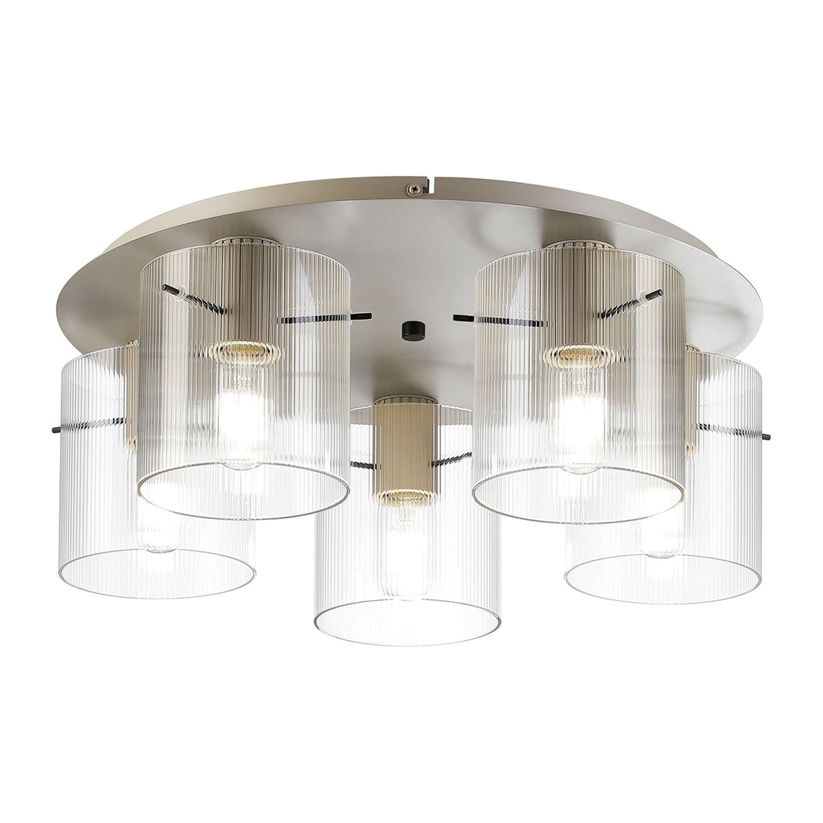 Belstone Fine Ribbed 5 Light Flush Round Ceiling Light in Beige Stone with Clear Glass