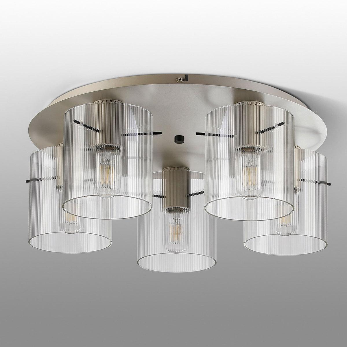 Belstone Fine Ribbed 5 Light Flush Round Ceiling Light in Beige Stone with Clear Glass