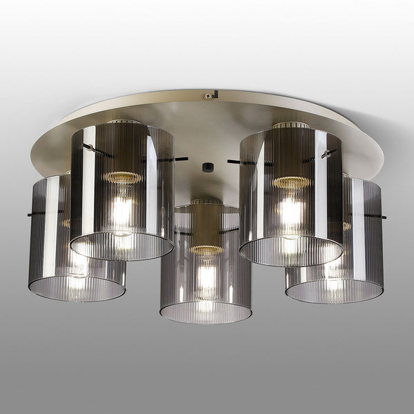 Belstone Fine Ribbed 5 Light Flush Round Ceiling Light in Beige Stone with Smoke Glass
