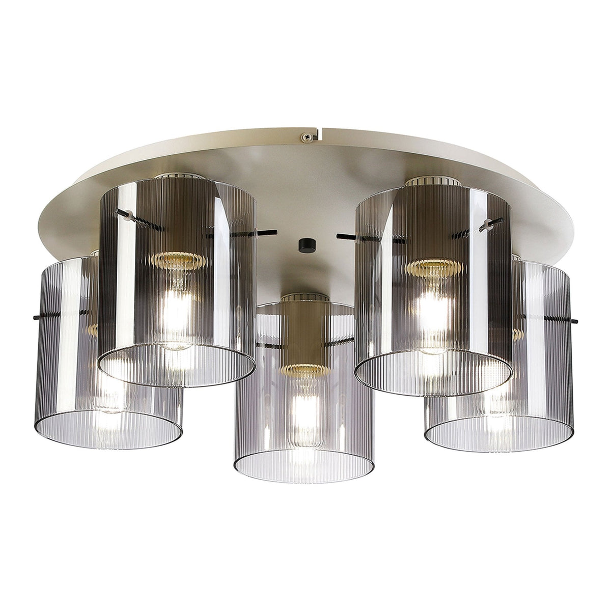 Belstone Fine Ribbed 5 Light Flush Round Ceiling Light in Beige Stone with Smoke Glass