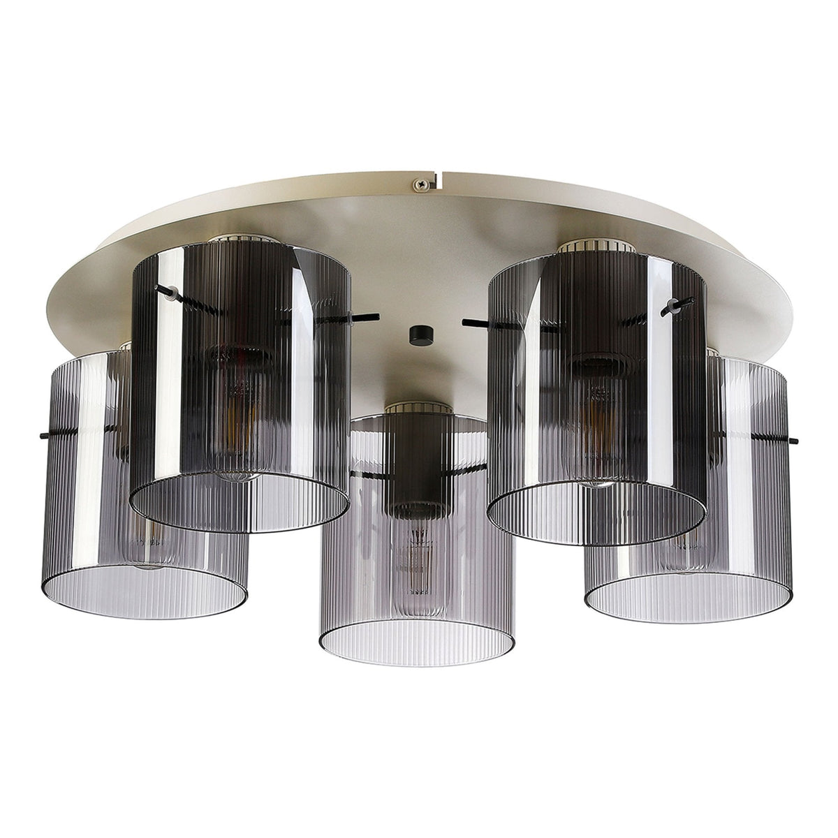 Belstone Fine Ribbed 5 Light Flush Round Ceiling Light in Beige Stone with Smoke Glass