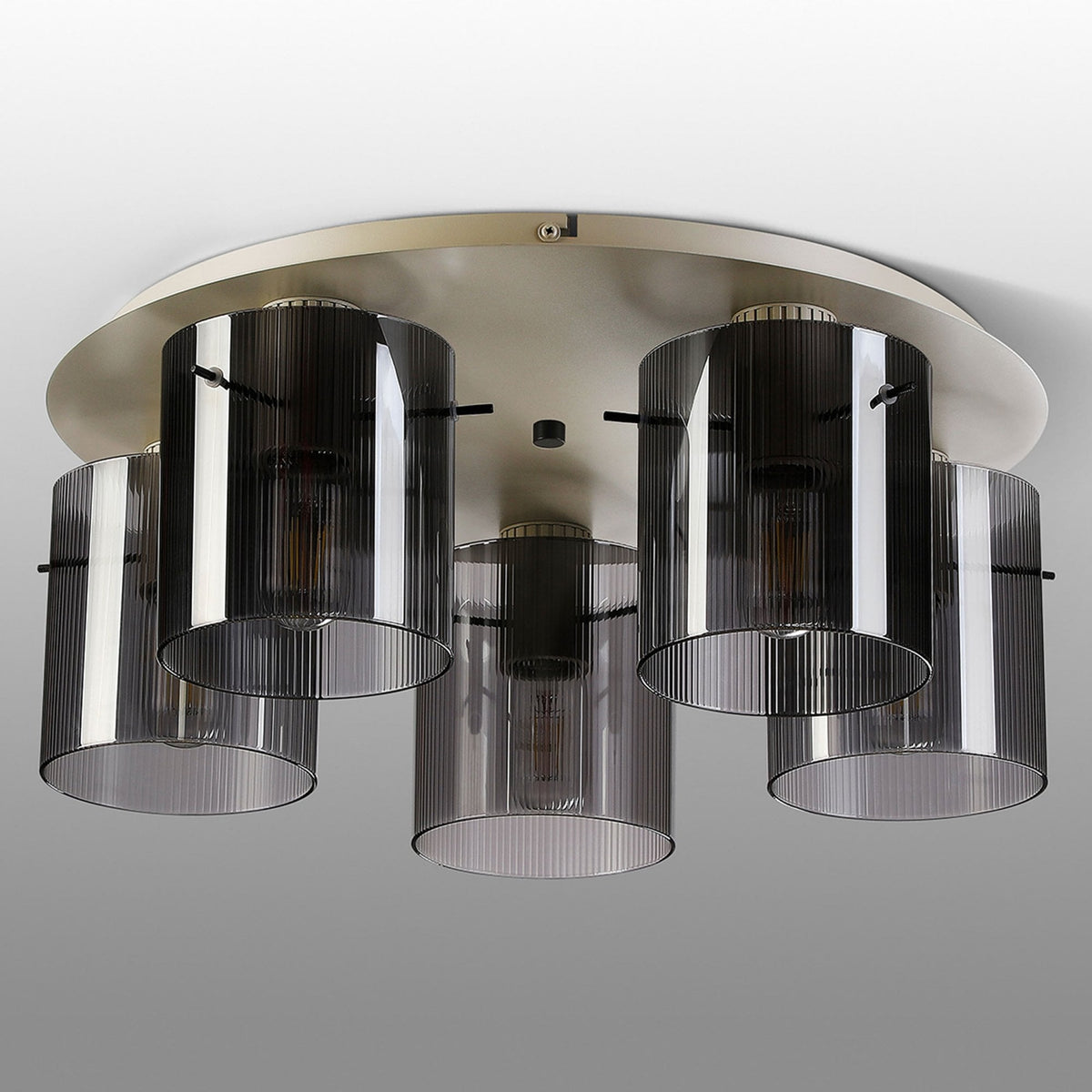 Belstone Fine Ribbed 5 Light Flush Round Ceiling Light in Beige Stone with Smoke Glass