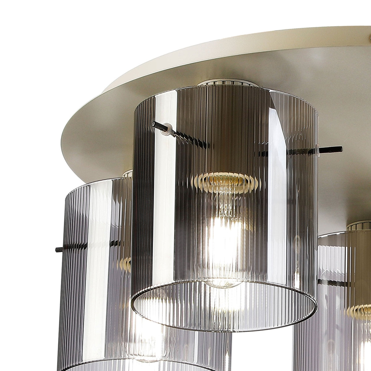 Belstone Fine Ribbed 5 Light Flush Round Ceiling Light in Beige Stone with Smoke Glass