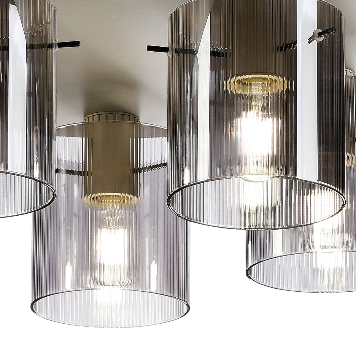 Belstone Fine Ribbed 5 Light Flush Round Ceiling Light in Beige Stone with Smoke Glass