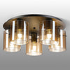 Belstone Fine Ribbed 5 Light Flush Round Ceiling Light in Dark Grey with Amber Glass
