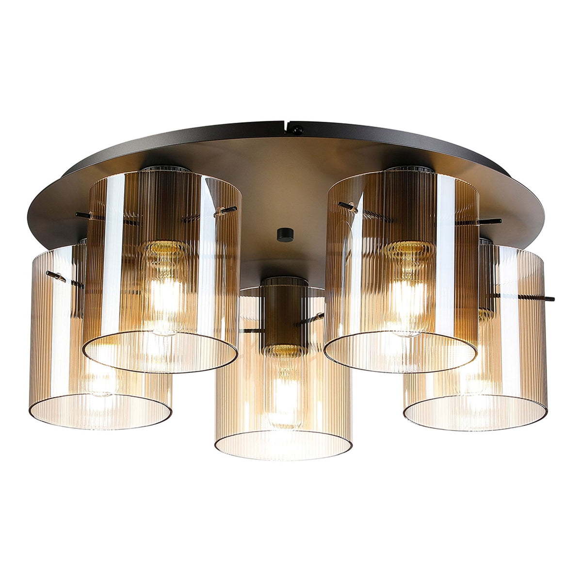 A modern five-light ceiling fitting with amber fluted glass shades, on a white background.