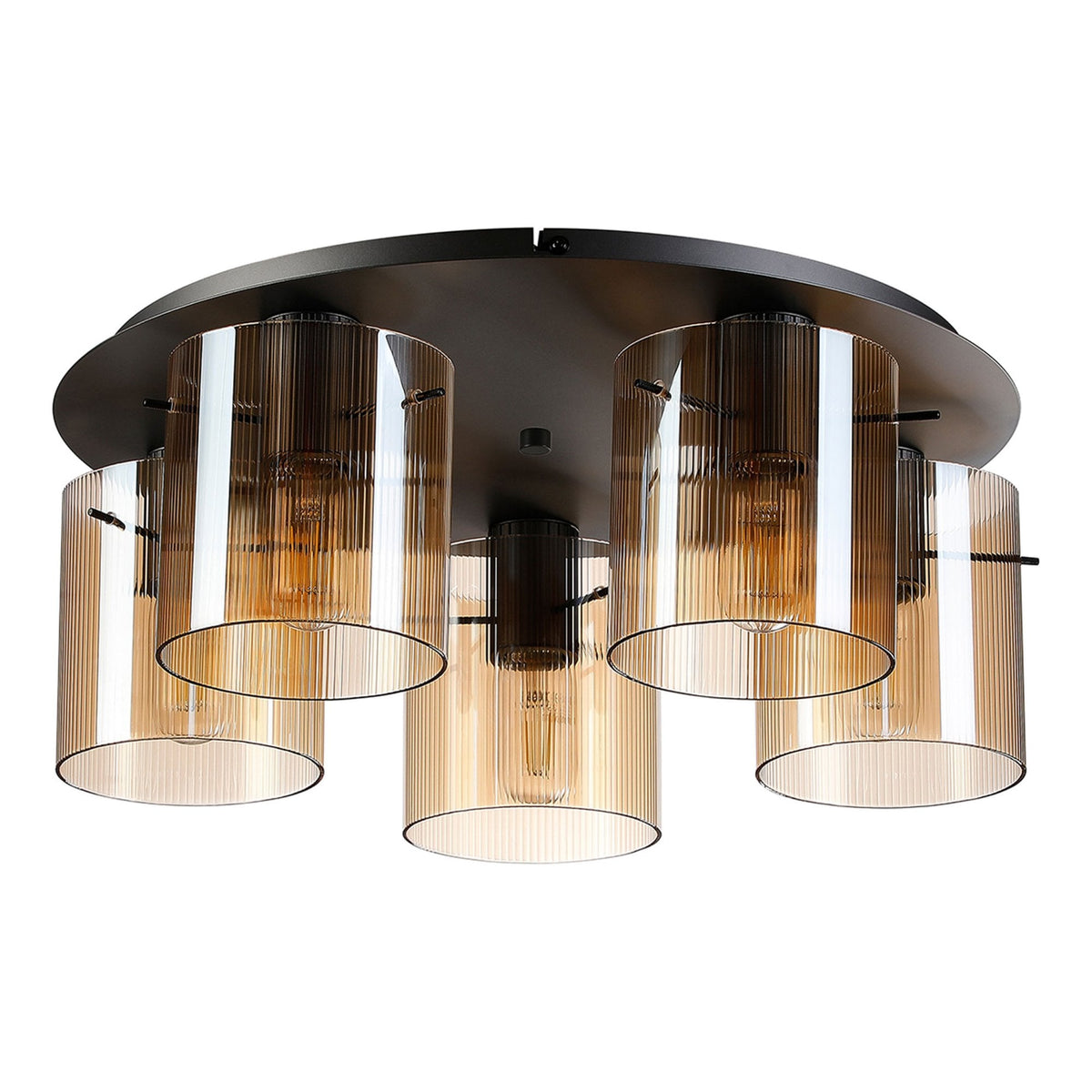 A modern five-light ceiling fitting with amber fluted glass shades, on a white background.