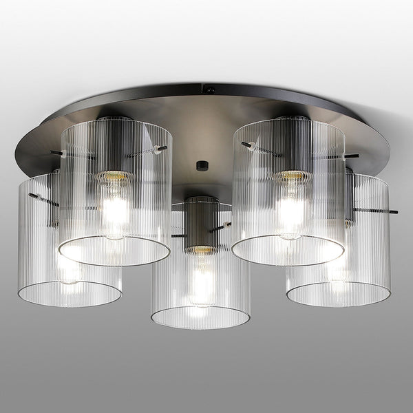 Belstone Fine Ribbed 5 Light Flush Round Ceiling Light in Dark Grey with Clear Glass
