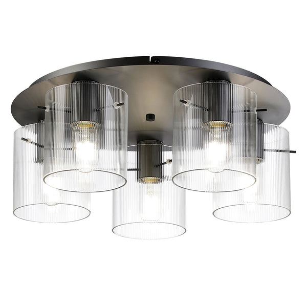 Belstone Fine Ribbed 5 Light Flush Round Ceiling Light in Dark Grey with Clear Glass