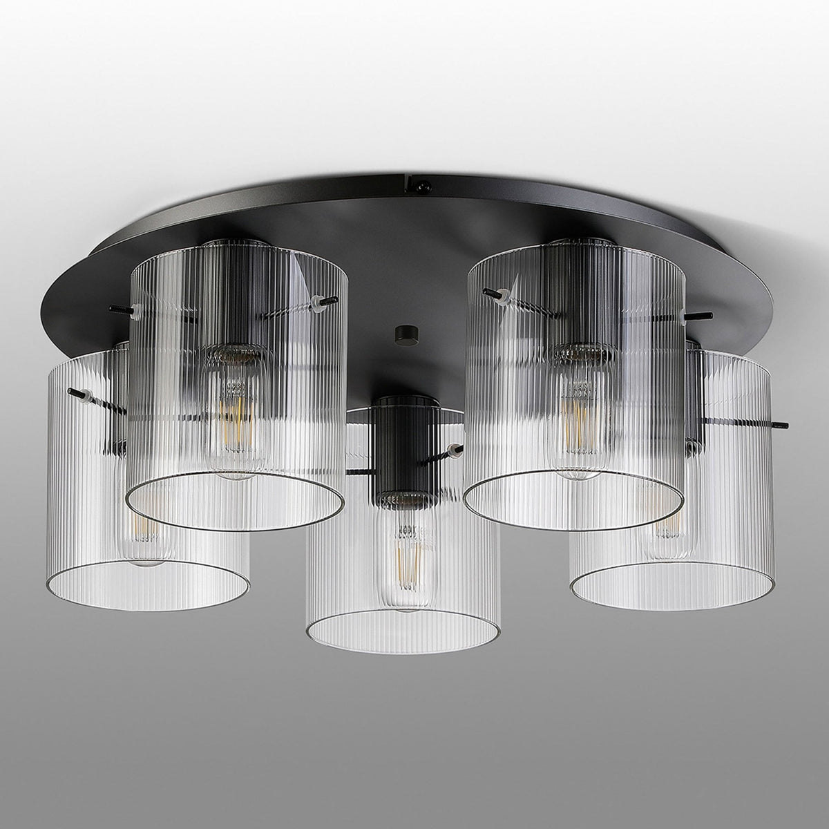 Belstone Fine Ribbed 5 Light Flush Round Ceiling Light in Dark Grey with Clear Glass