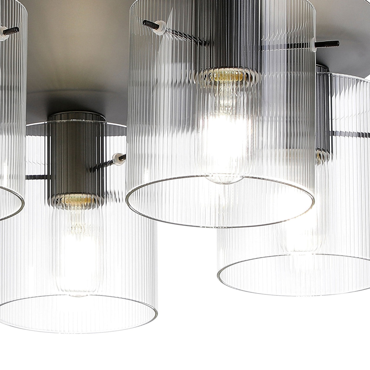 Belstone Fine Ribbed 5 Light Flush Round Ceiling Light in Dark Grey with Clear Glass