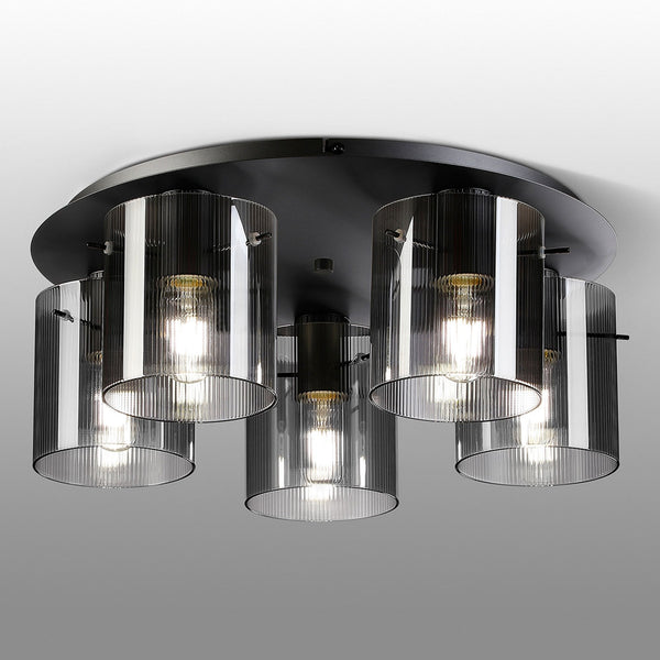 Belstone Fine Ribbed 5 Light Flush Round Ceiling Light in Dark Grey with Smoke Glass