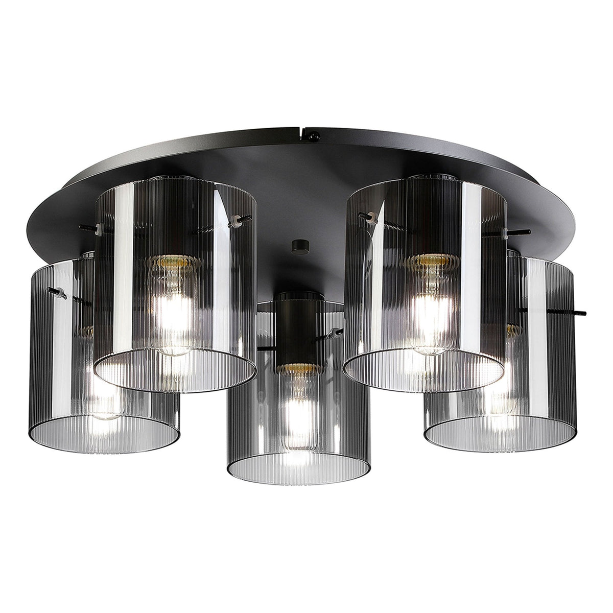 Belstone Fine Ribbed 5 Light Flush Round Ceiling Light in Dark Grey with Smoke Glass