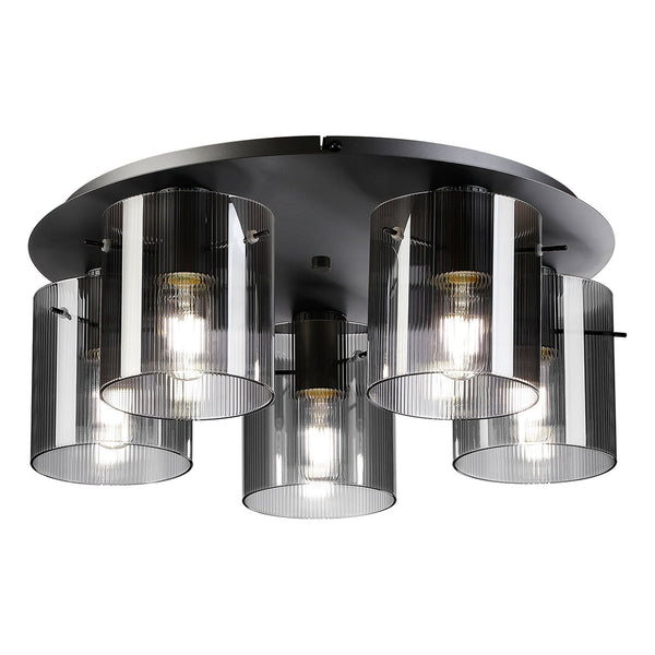 Belstone Fine Ribbed 5 Light Flush Round Ceiling Light in Dark Grey with Smoke Glass