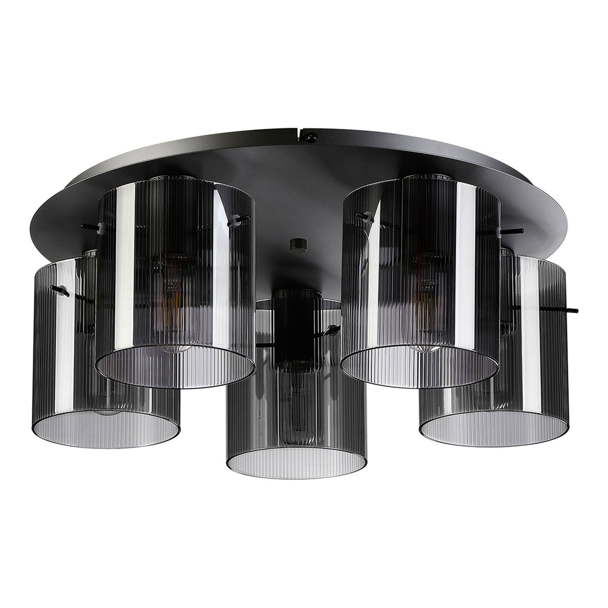 Belstone Fine Ribbed 5 Light Flush Round Ceiling Light in Dark Grey with Smoke Glass