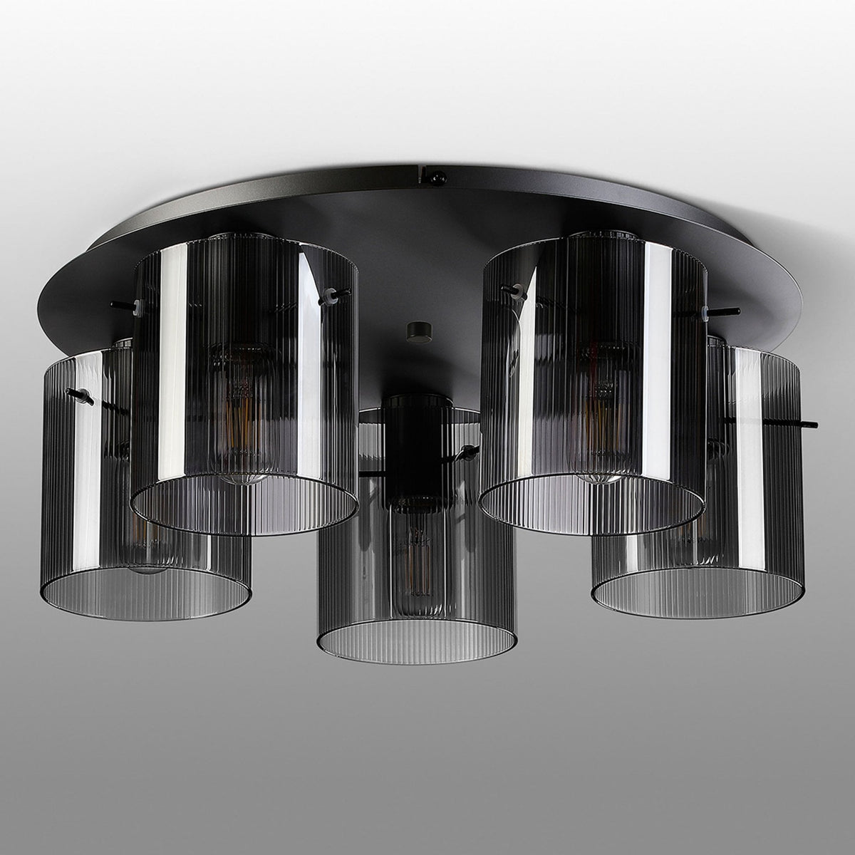 Belstone Fine Ribbed 5 Light Flush Round Ceiling Light in Dark Grey with Smoke Glass