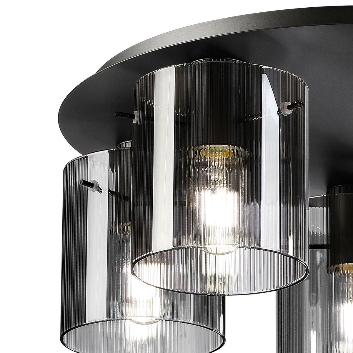 Belstone Fine Ribbed 5 Light Flush Round Ceiling Light in Dark Grey with Smoke Glass