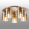 Belstone Fine Ribbed 5 Light Flush Round Ceiling Light in Light Gold with Amber Glass