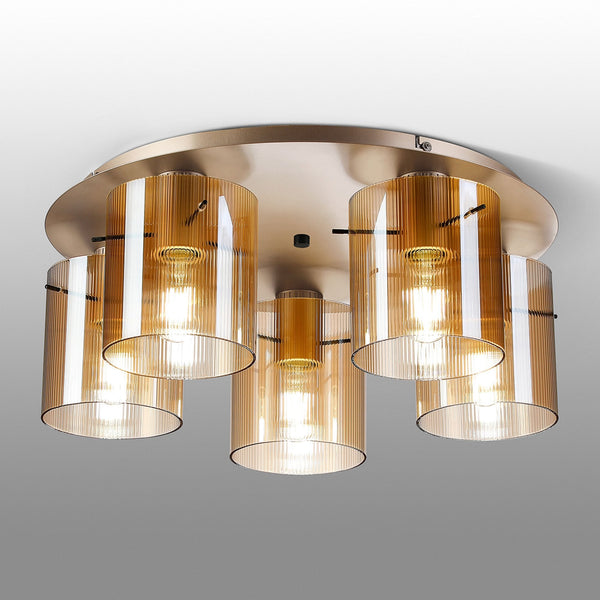 Belstone Fine Ribbed 5 Light Flush Round Ceiling Light in Light Gold with Amber Glass