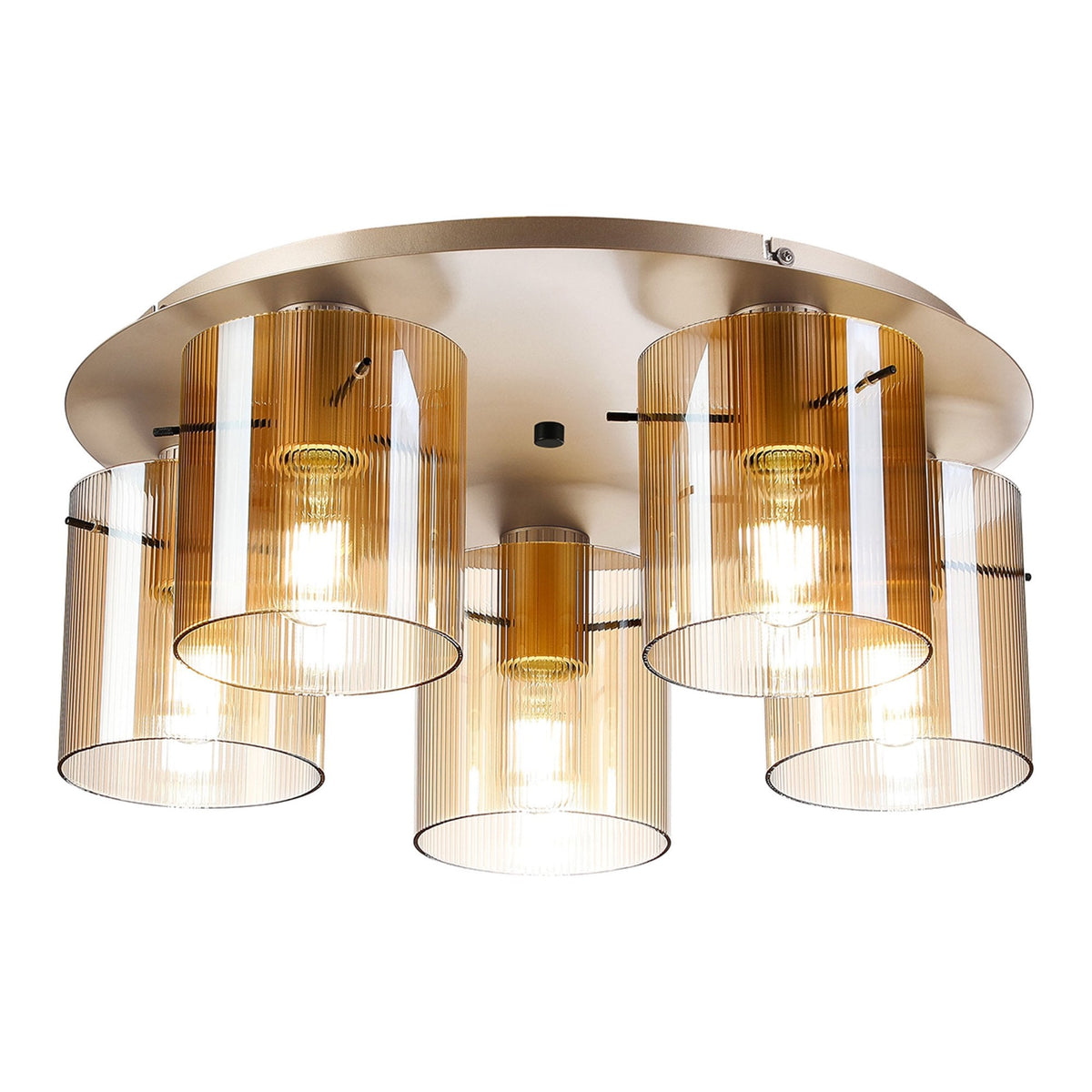 Belstone Fine Ribbed 5 Light Flush Round Ceiling Light in Light Gold with Amber Glass