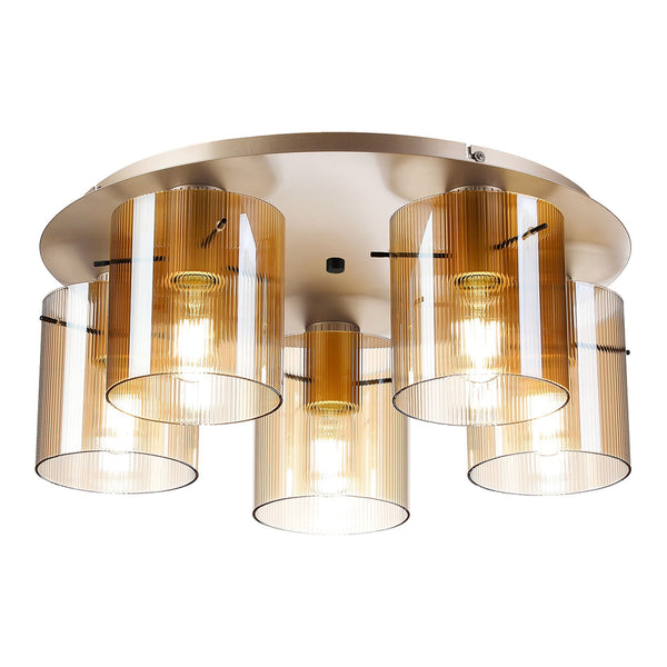 Belstone Fine Ribbed 5 Light Flush Round Ceiling Light in Light Gold with Amber Glass