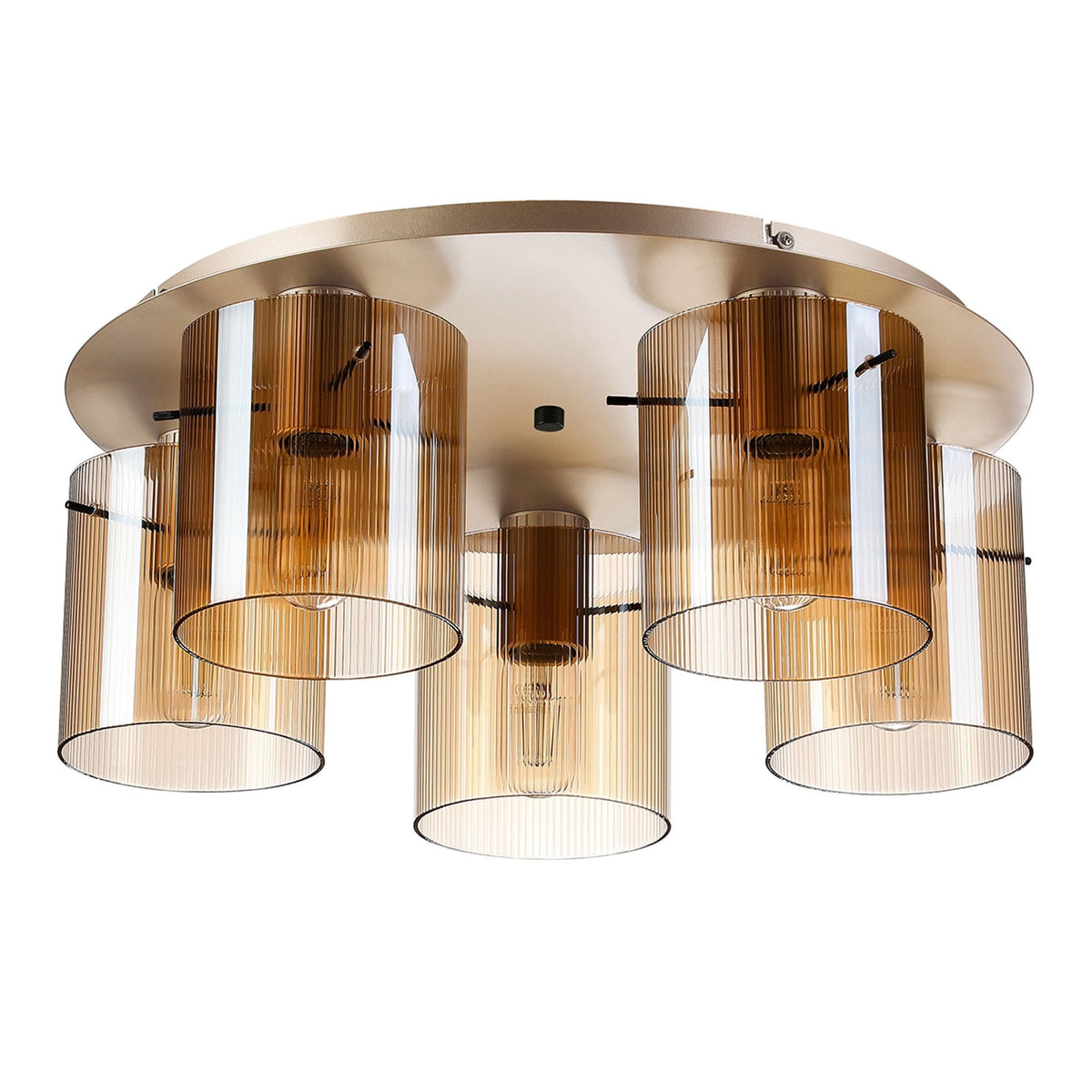 Belstone Fine Ribbed 5 Light Flush Round Ceiling Light in Light Gold with Amber Glass