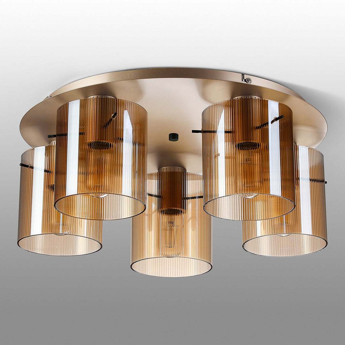 Belstone Fine Ribbed 5 Light Flush Round Ceiling Light in Light Gold with Amber Glass