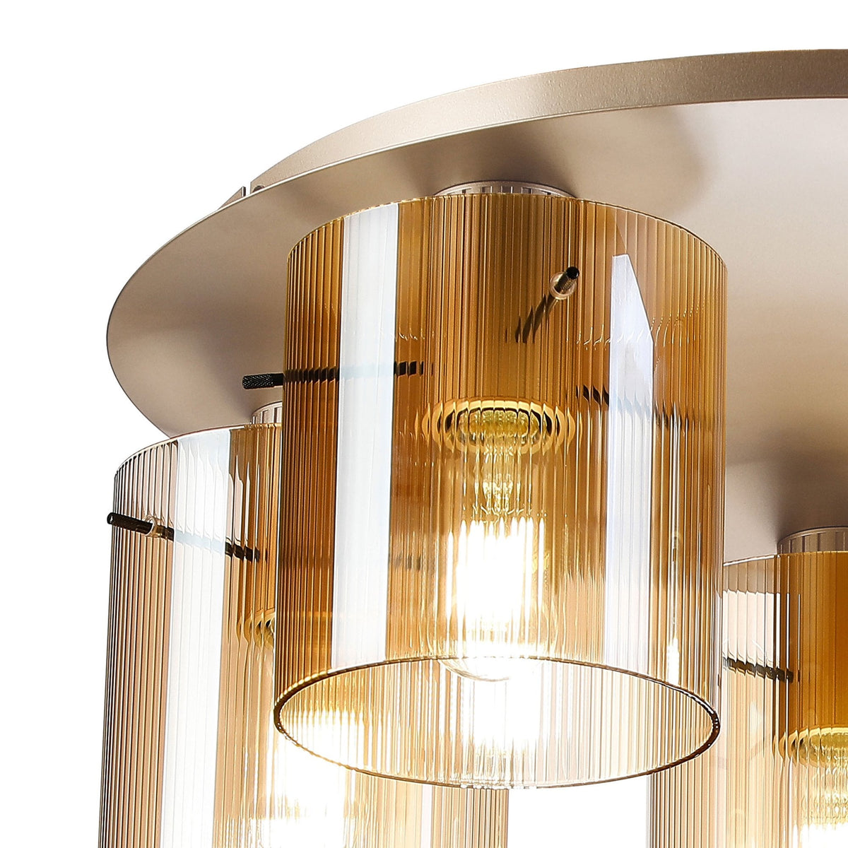 Belstone Fine Ribbed 5 Light Flush Round Ceiling Light in Light Gold with Amber Glass