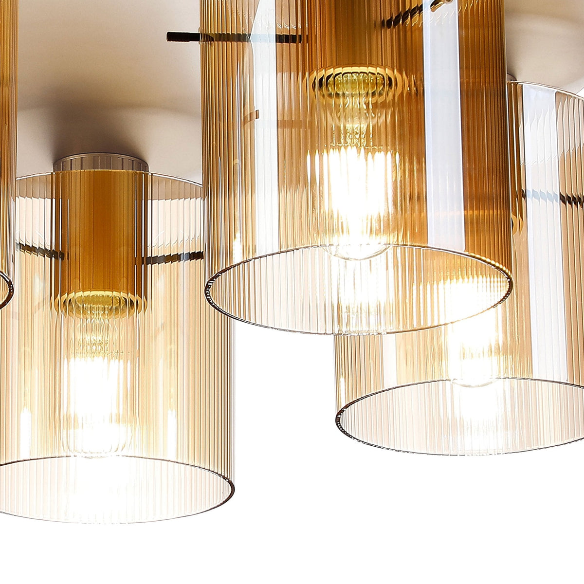 Belstone Fine Ribbed 5 Light Flush Round Ceiling Light in Light Gold with Amber Glass