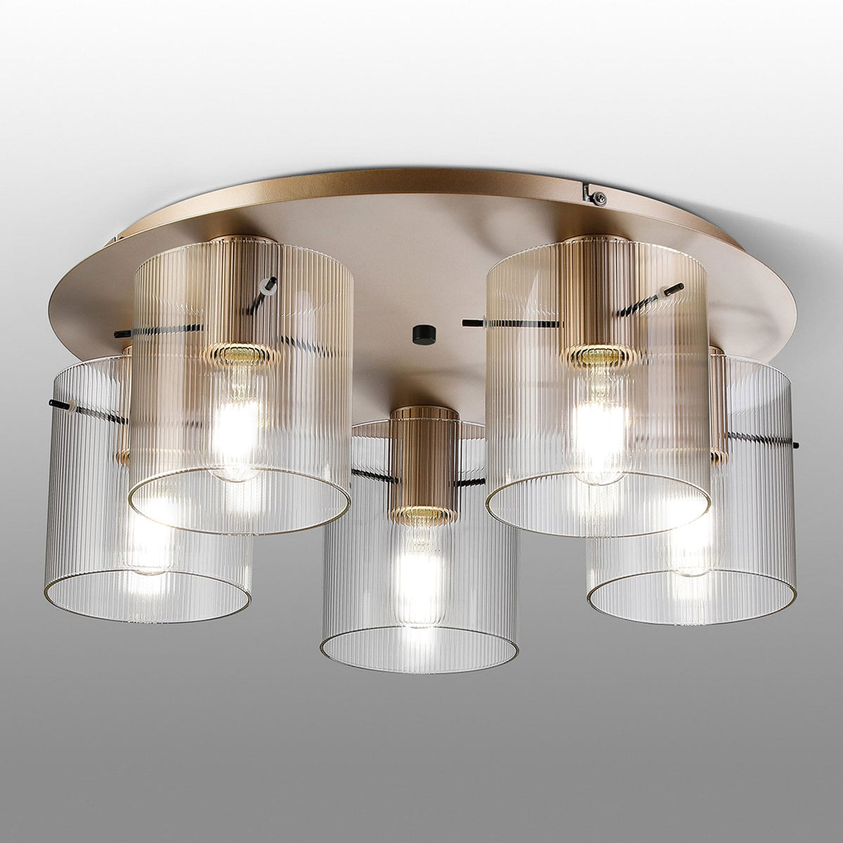 Belstone Fine Ribbed 5 Light Flush Round Ceiling Light in Light Gold with Clear Glass