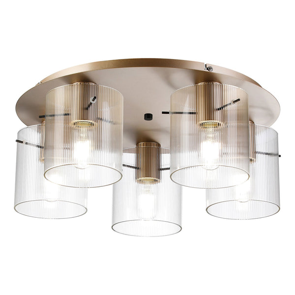 Belstone Fine Ribbed 5 Light Flush Round Ceiling Light in Light Gold with Clear Glass