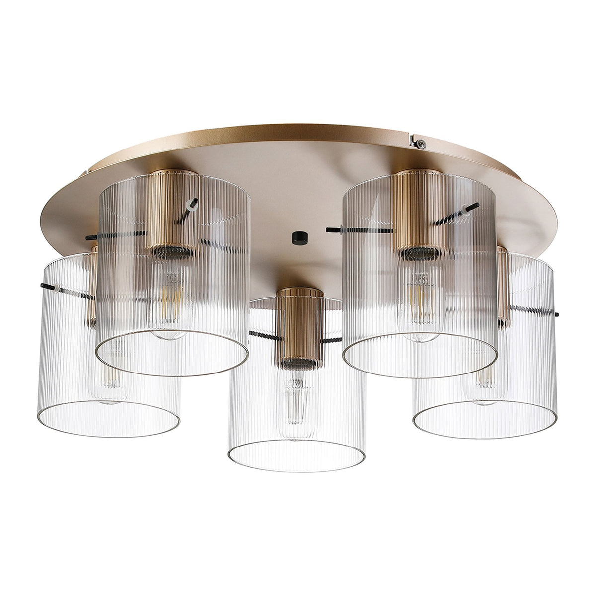Belstone Fine Ribbed 5 Light Flush Round Ceiling Light in Light Gold with Clear Glass