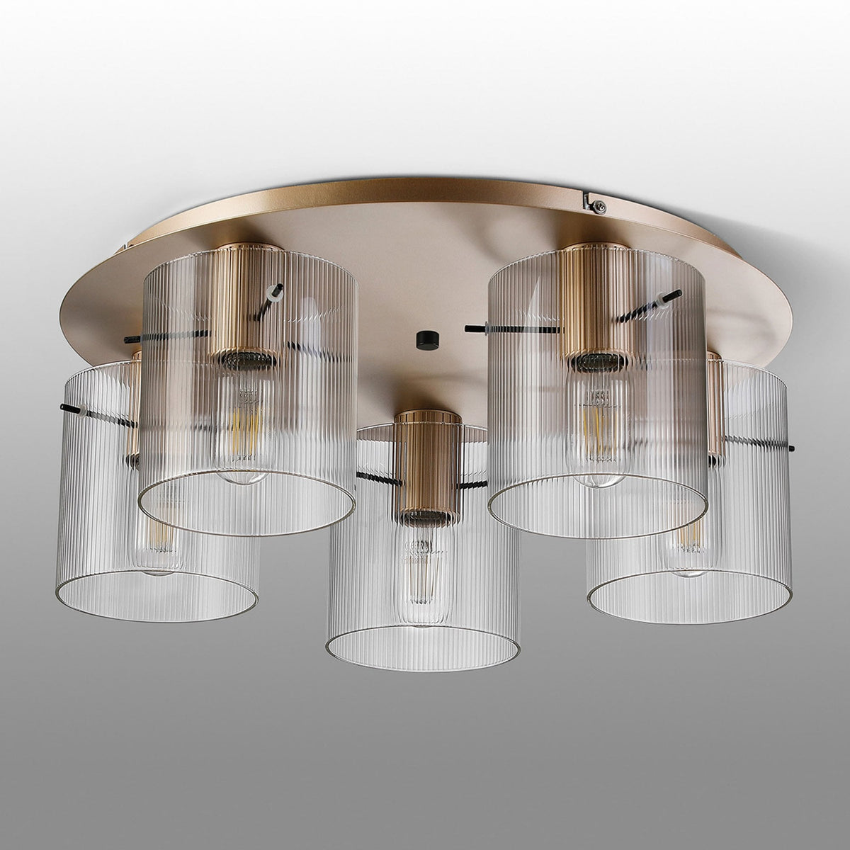 Belstone Fine Ribbed 5 Light Flush Round Ceiling Light in Light Gold with Clear Glass