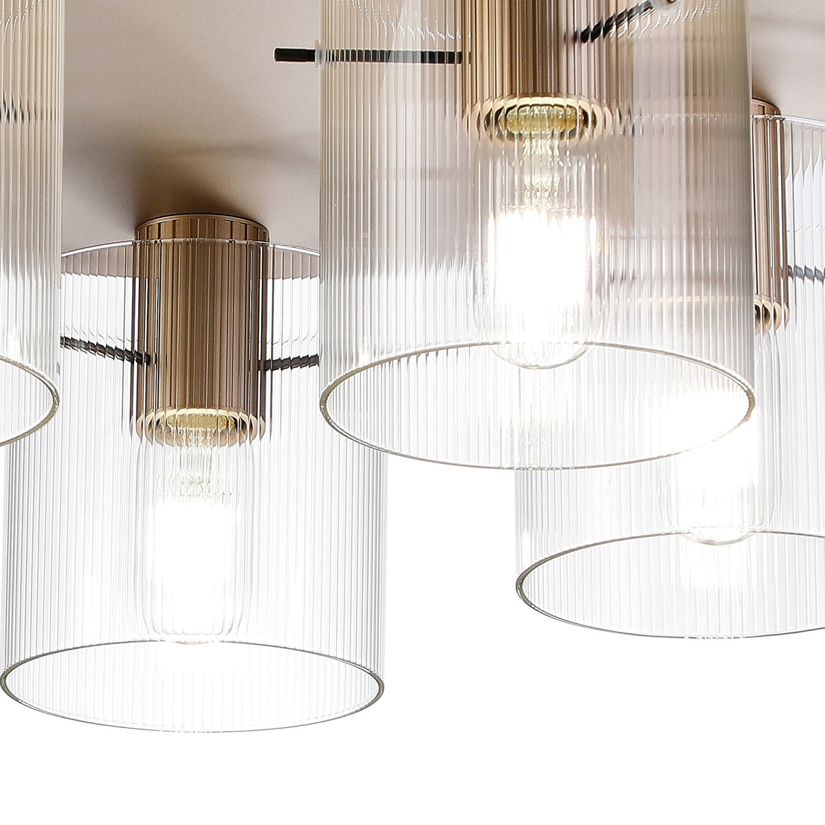 Belstone Fine Ribbed 5 Light Flush Round Ceiling Light in Light Gold with Clear Glass