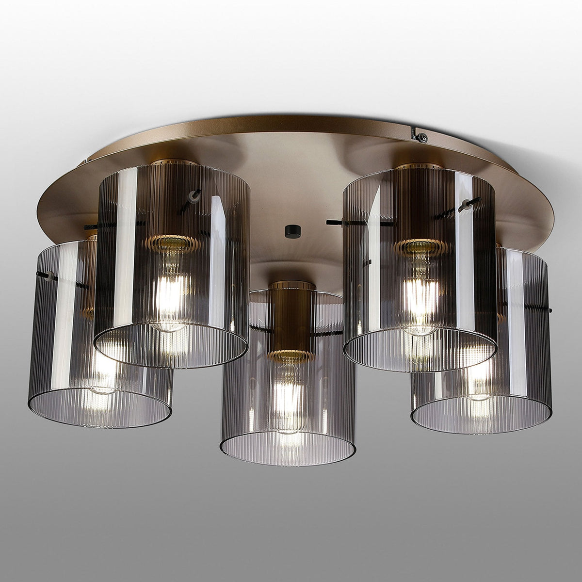 Belstone Fine Ribbed 5 Light Flush Round Ceiling Light in Light Gold with Smoke Glass