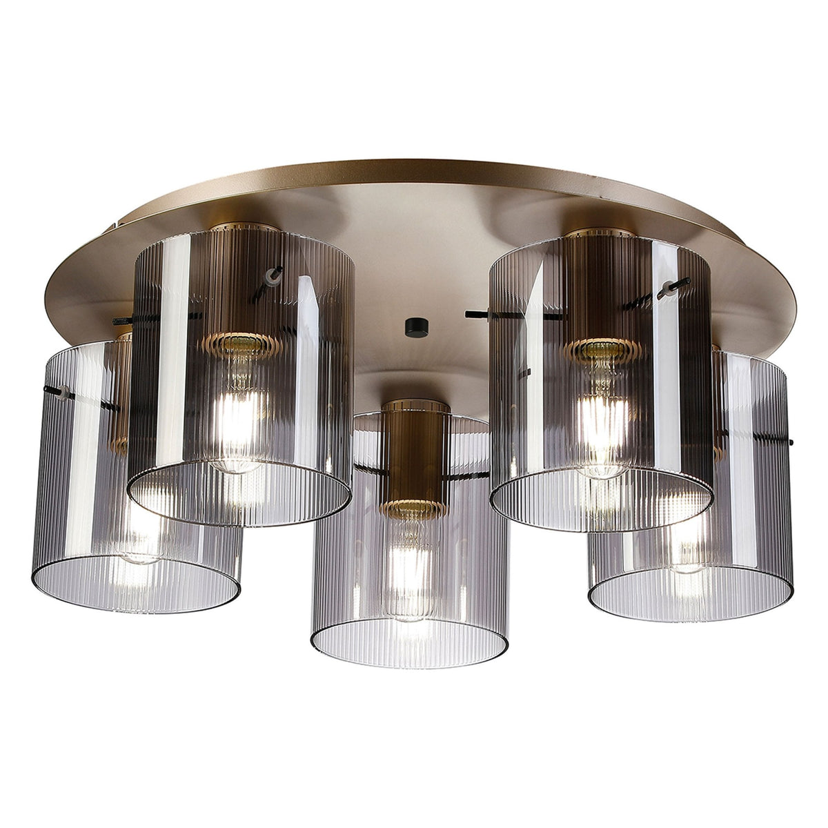 Belstone Fine Ribbed 5 Light Flush Round Ceiling Light in Light Gold with Smoke Glass