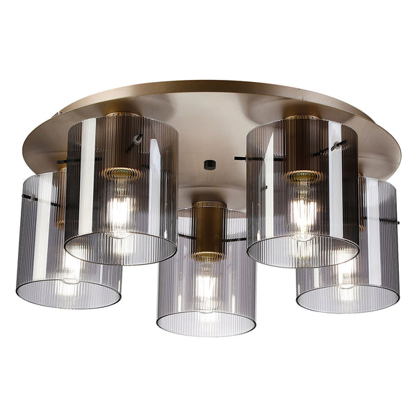 Belstone Fine Ribbed 5 Light Flush Round Ceiling Light in Light Gold with Smoke Glass