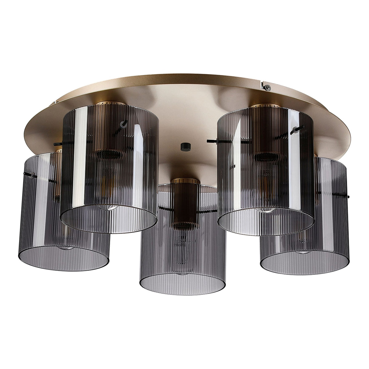 Belstone Fine Ribbed 5 Light Flush Round Ceiling Light in Light Gold with Smoke Glass